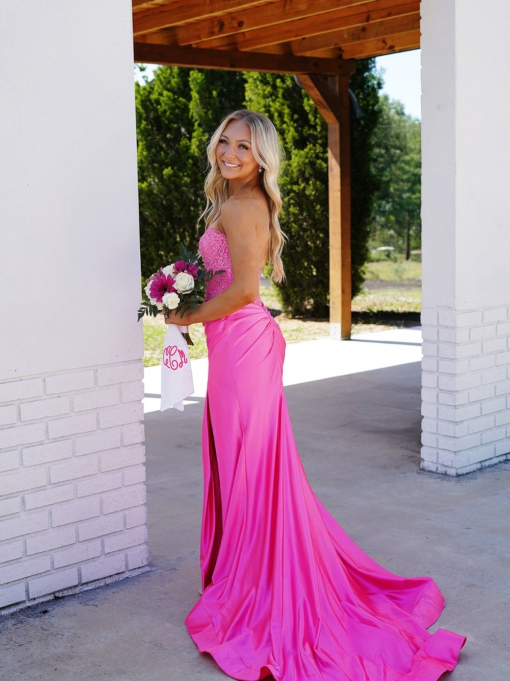 Sherri Hill Hot Pink Strapless Beaded Lace Prom Gown - Picture 4 of 4